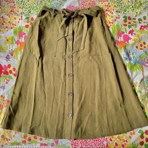 Army Green Tie Waist Button Front Midi Skirt